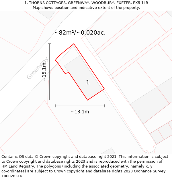 1, THORNS COTTAGES, GREENWAY, WOODBURY, EXETER, EX5 1LR: Plot and title map