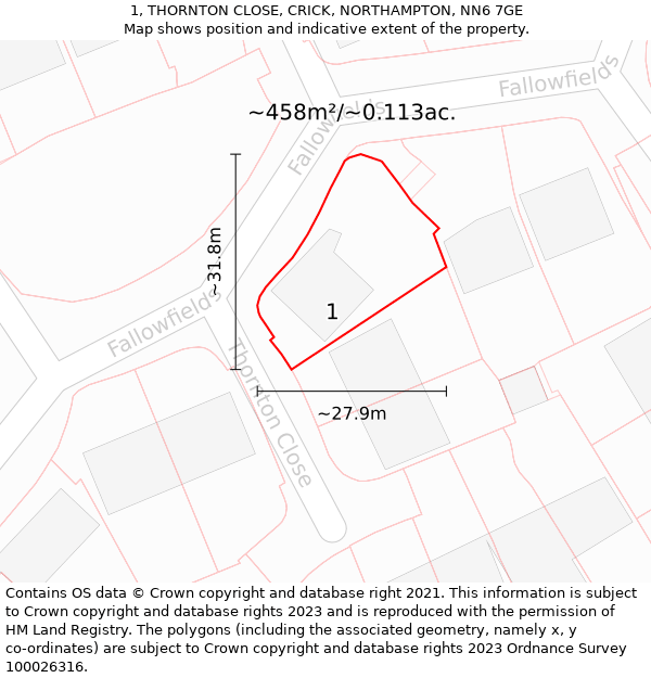 1, THORNTON CLOSE, CRICK, NORTHAMPTON, NN6 7GE: Plot and title map