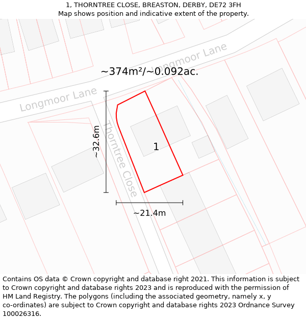 1, THORNTREE CLOSE, BREASTON, DERBY, DE72 3FH: Plot and title map