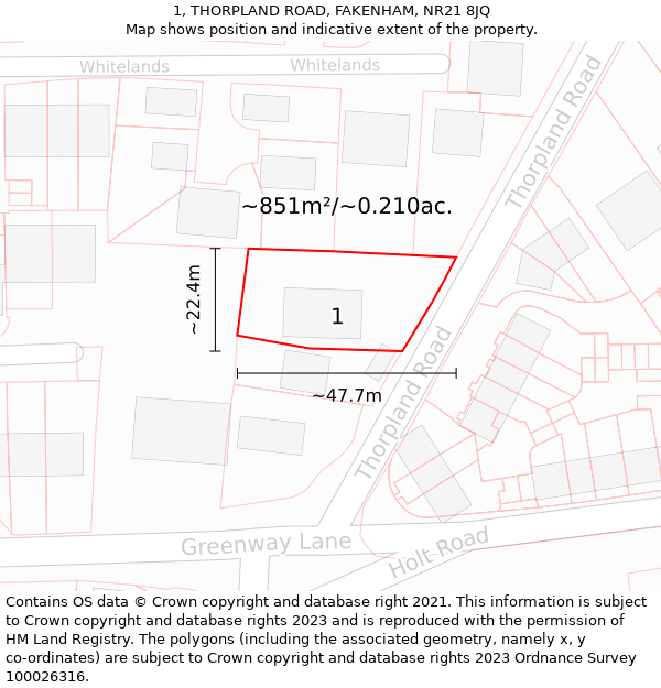 1, THORPLAND ROAD, FAKENHAM, NR21 8JQ: Plot and title map