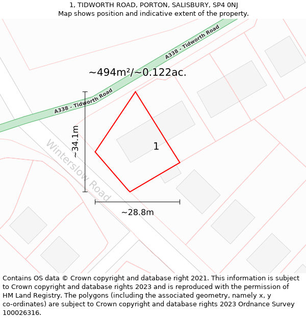 1, TIDWORTH ROAD, PORTON, SALISBURY, SP4 0NJ: Plot and title map