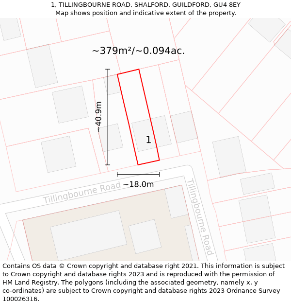 1, TILLINGBOURNE ROAD, SHALFORD, GUILDFORD, GU4 8EY: Plot and title map