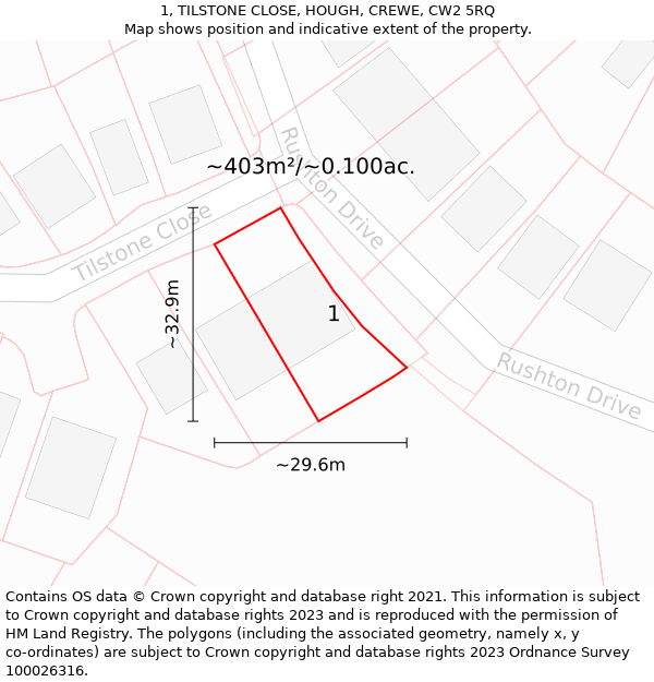 1, TILSTONE CLOSE, HOUGH, CREWE, CW2 5RQ: Plot and title map