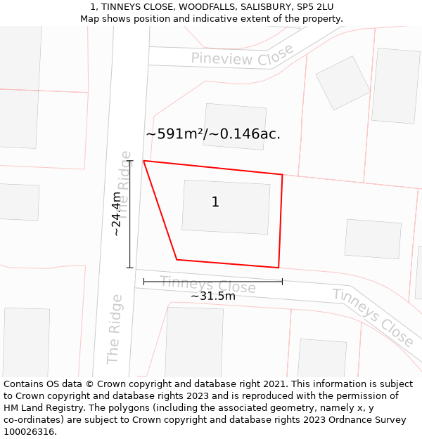 1, TINNEYS CLOSE, WOODFALLS, SALISBURY, SP5 2LU: Plot and title map