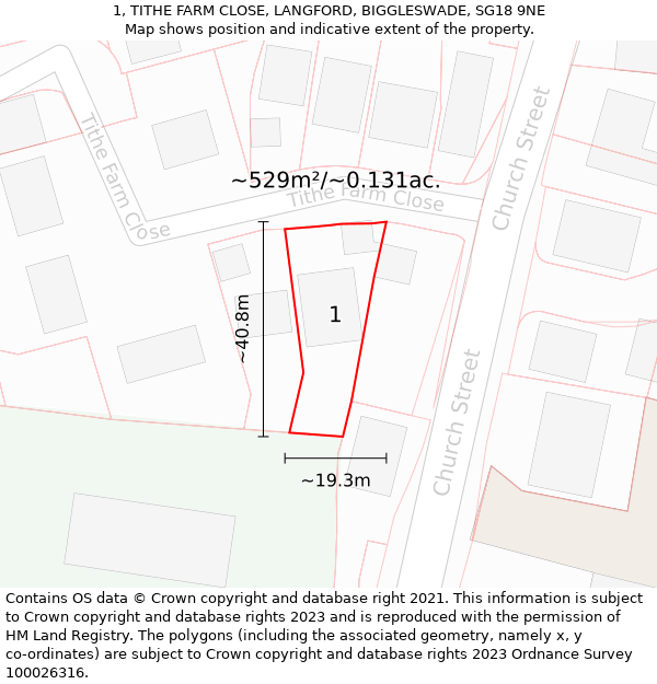 1, TITHE FARM CLOSE, LANGFORD, BIGGLESWADE, SG18 9NE: Plot and title map