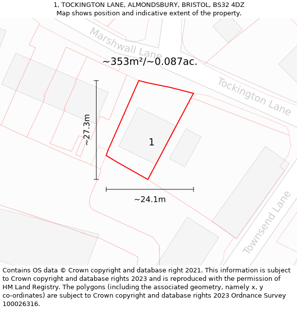 1, TOCKINGTON LANE, ALMONDSBURY, BRISTOL, BS32 4DZ: Plot and title map