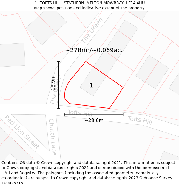 1, TOFTS HILL, STATHERN, MELTON MOWBRAY, LE14 4HU: Plot and title map