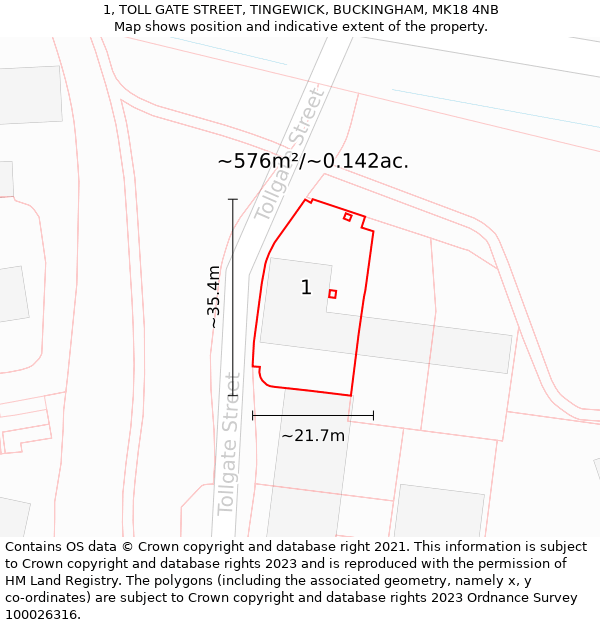 1, TOLL GATE STREET, TINGEWICK, BUCKINGHAM, MK18 4NB: Plot and title map