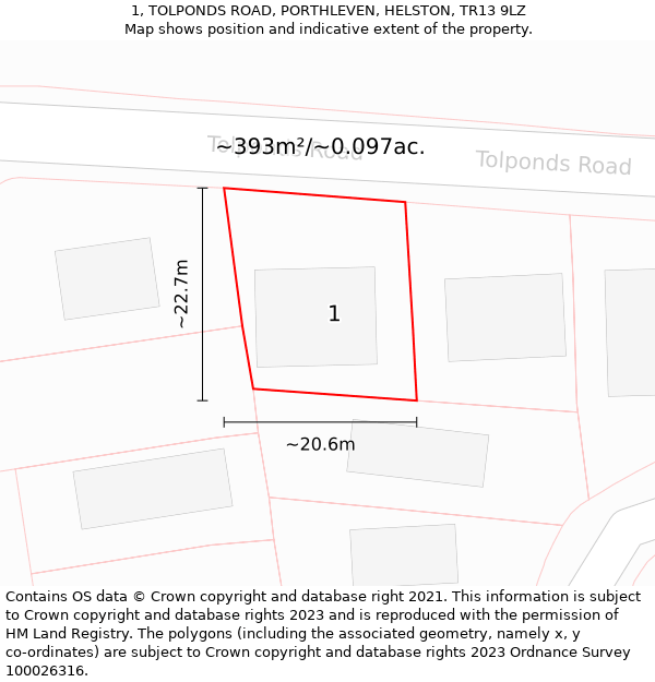 1, TOLPONDS ROAD, PORTHLEVEN, HELSTON, TR13 9LZ: Plot and title map