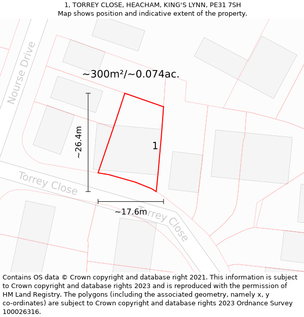 1, TORREY CLOSE, HEACHAM, KING'S LYNN, PE31 7SH: Plot and title map