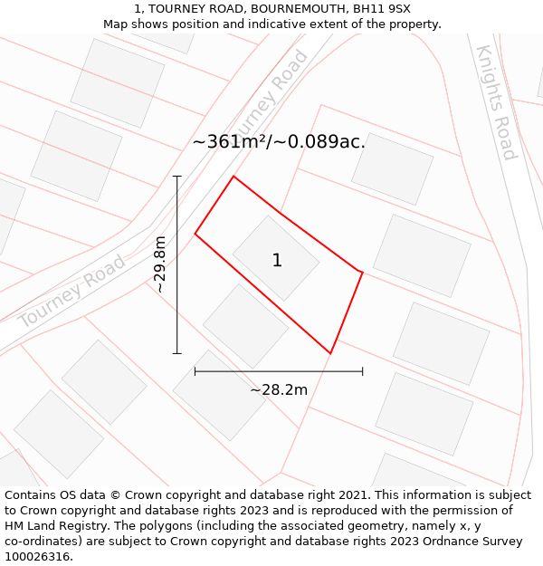 1, TOURNEY ROAD, BOURNEMOUTH, BH11 9SX: Plot and title map