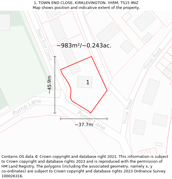 1, TOWN END CLOSE, KIRKLEVINGTON, YARM, TS15 9NZ: Plot and title map