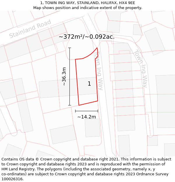 1, TOWN ING WAY, STAINLAND, HALIFAX, HX4 9EE: Plot and title map