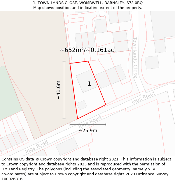 1, TOWN LANDS CLOSE, WOMBWELL, BARNSLEY, S73 0BQ: Plot and title map