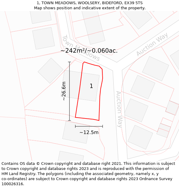 1, TOWN MEADOWS, WOOLSERY, BIDEFORD, EX39 5TS: Plot and title map