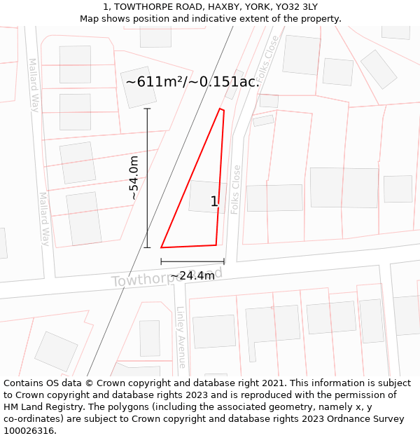 1, TOWTHORPE ROAD, HAXBY, YORK, YO32 3LY: Plot and title map