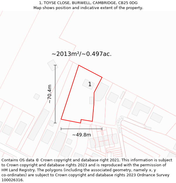 1, TOYSE CLOSE, BURWELL, CAMBRIDGE, CB25 0DG: Plot and title map