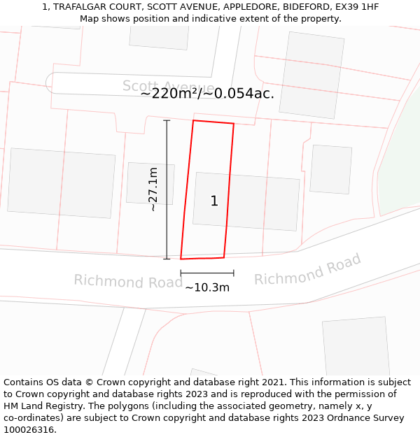 1, TRAFALGAR COURT, SCOTT AVENUE, APPLEDORE, BIDEFORD, EX39 1HF: Plot and title map