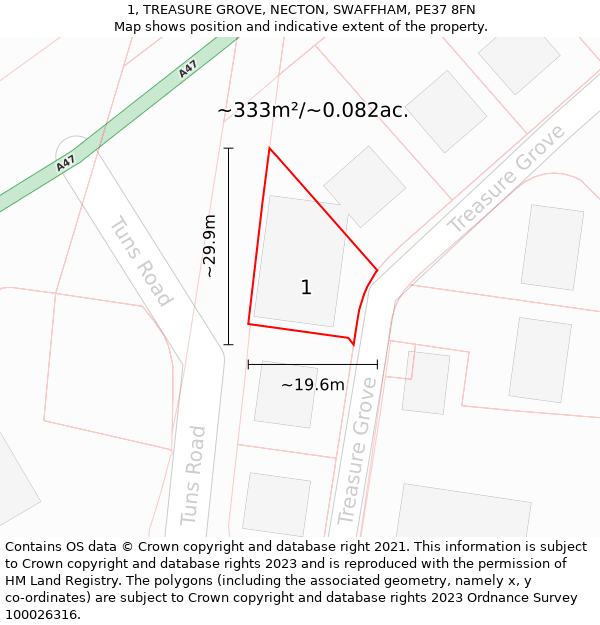 1, TREASURE GROVE, NECTON, SWAFFHAM, PE37 8FN: Plot and title map