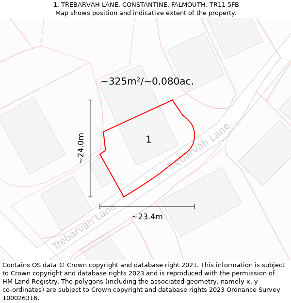 1, TREBARVAH LANE, CONSTANTINE, FALMOUTH, TR11 5FB: Plot and title map