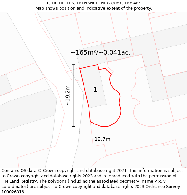 1, TREHELLES, TRENANCE, NEWQUAY, TR8 4BS: Plot and title map