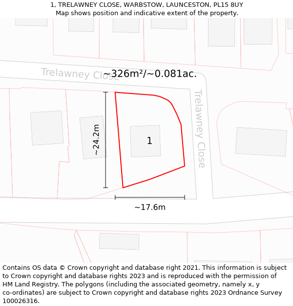 1, TRELAWNEY CLOSE, WARBSTOW, LAUNCESTON, PL15 8UY: Plot and title map