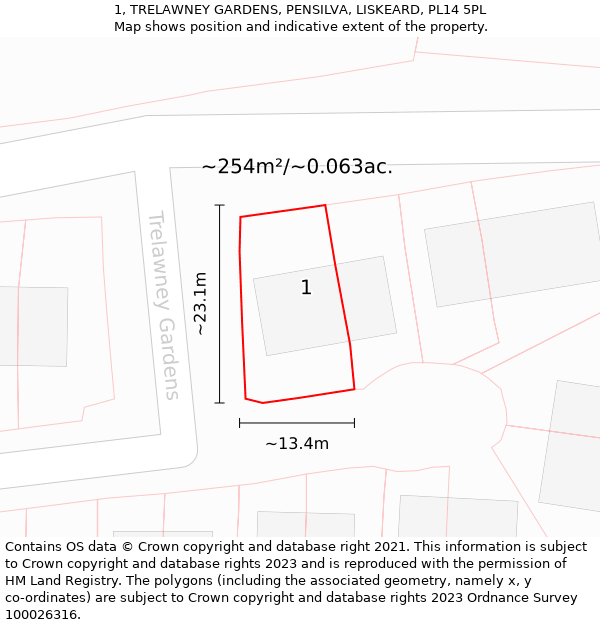 1, TRELAWNEY GARDENS, PENSILVA, LISKEARD, PL14 5PL: Plot and title map