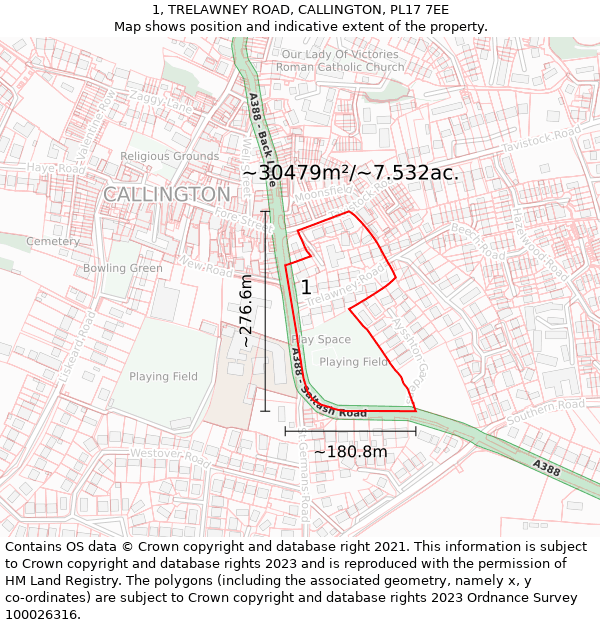 1, TRELAWNEY ROAD, CALLINGTON, PL17 7EE: Plot and title map