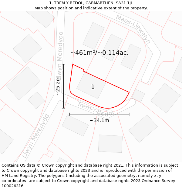 1, TREM Y BEDOL, CARMARTHEN, SA31 1JL: Plot and title map