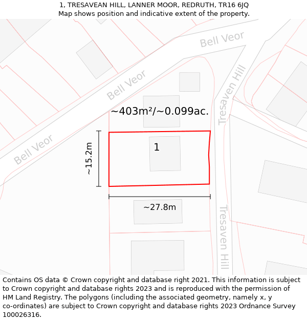 1, TRESAVEAN HILL, LANNER MOOR, REDRUTH, TR16 6JQ: Plot and title map