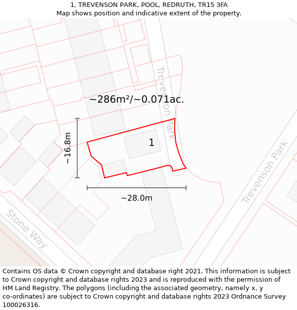 1, TREVENSON PARK, POOL, REDRUTH, TR15 3FA: Plot and title map