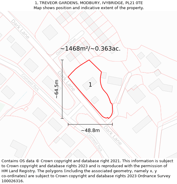 1, TREVEOR GARDENS, MODBURY, IVYBRIDGE, PL21 0TE: Plot and title map