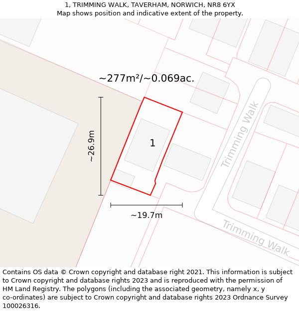 1, TRIMMING WALK, TAVERHAM, NORWICH, NR8 6YX: Plot and title map