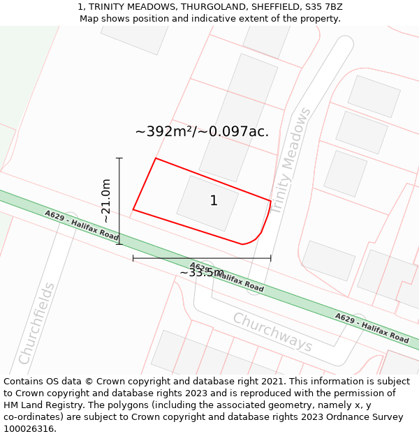 1, TRINITY MEADOWS, THURGOLAND, SHEFFIELD, S35 7BZ: Plot and title map