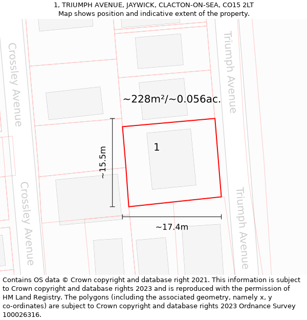 1, TRIUMPH AVENUE, JAYWICK, CLACTON-ON-SEA, CO15 2LT: Plot and title map