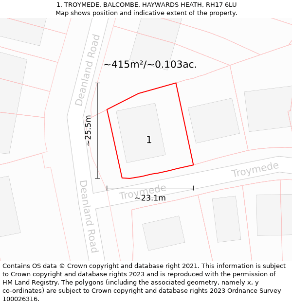 1, TROYMEDE, BALCOMBE, HAYWARDS HEATH, RH17 6LU: Plot and title map