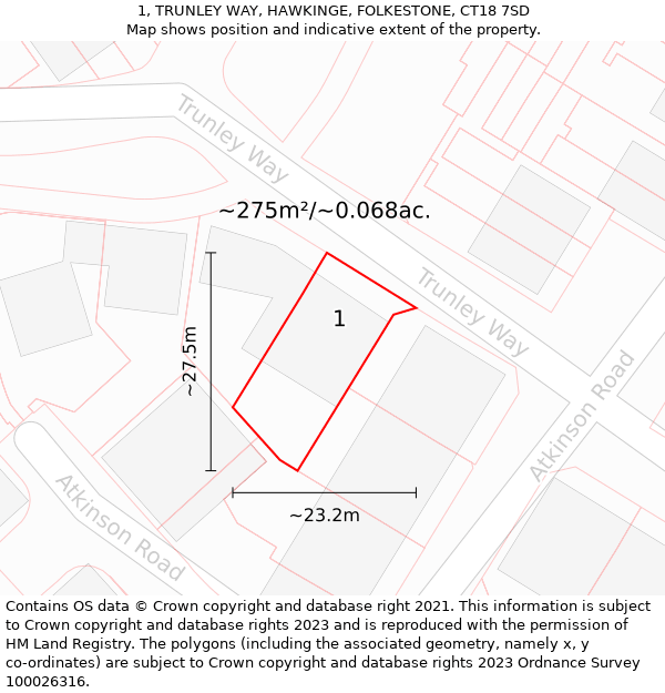 1, TRUNLEY WAY, HAWKINGE, FOLKESTONE, CT18 7SD: Plot and title map