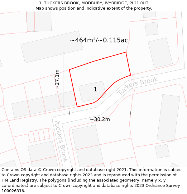 1, TUCKERS BROOK, MODBURY, IVYBRIDGE, PL21 0UT: Plot and title map