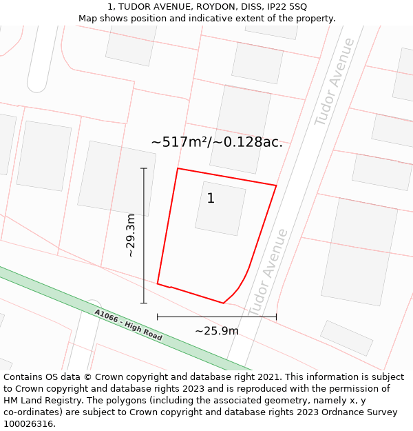 1, TUDOR AVENUE, ROYDON, DISS, IP22 5SQ: Plot and title map