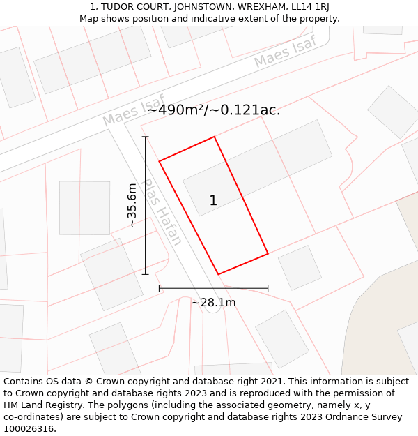 1, TUDOR COURT, JOHNSTOWN, WREXHAM, LL14 1RJ: Plot and title map