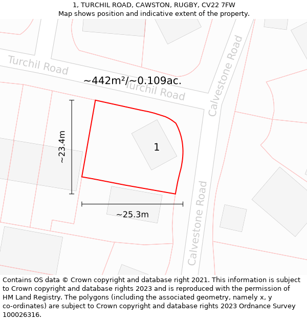 1, TURCHIL ROAD, CAWSTON, RUGBY, CV22 7FW: Plot and title map