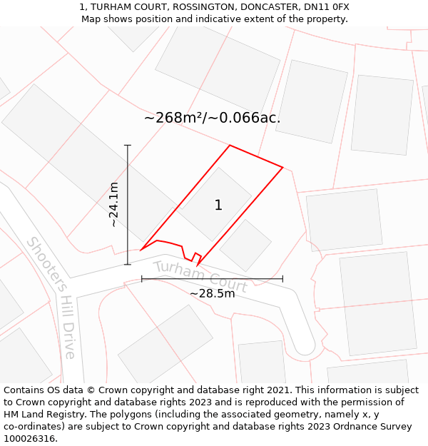 1, TURHAM COURT, ROSSINGTON, DONCASTER, DN11 0FX: Plot and title map