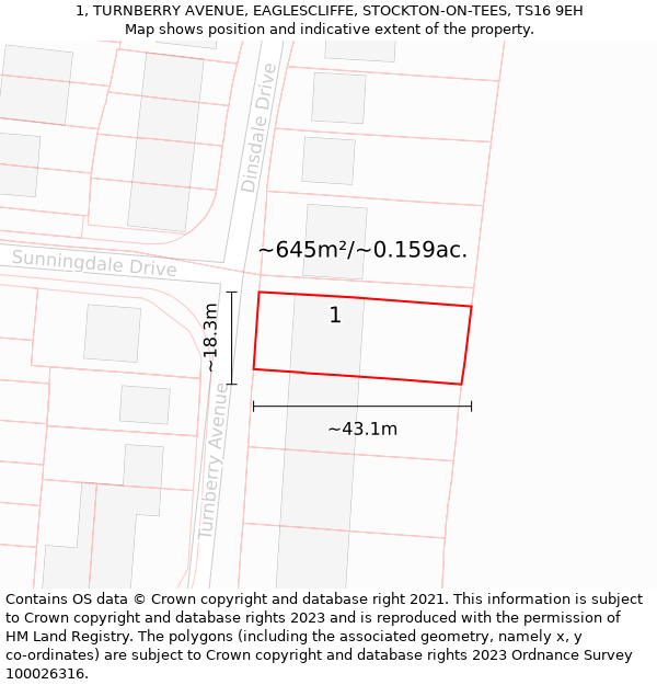 1, TURNBERRY AVENUE, EAGLESCLIFFE, STOCKTON-ON-TEES, TS16 9EH: Plot and title map