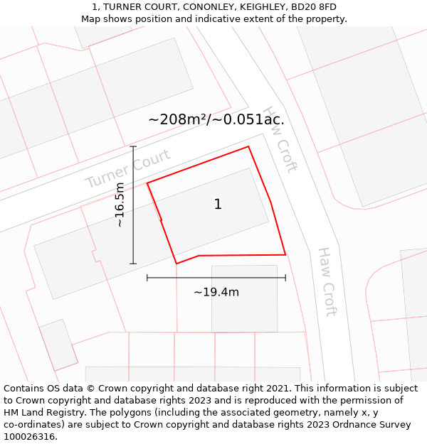 1, TURNER COURT, CONONLEY, KEIGHLEY, BD20 8FD: Plot and title map