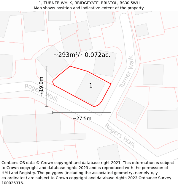 1, TURNER WALK, BRIDGEYATE, BRISTOL, BS30 5WH: Plot and title map