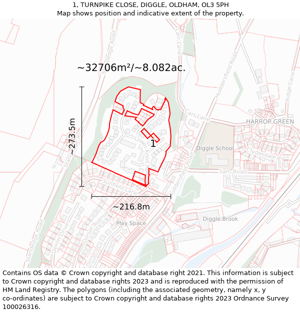 1, TURNPIKE CLOSE, DIGGLE, OLDHAM, OL3 5PH: Plot and title map