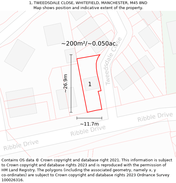 1, TWEEDSDALE CLOSE, WHITEFIELD, MANCHESTER, M45 8ND: Plot and title map