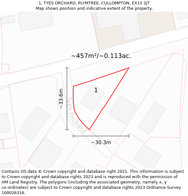 1, TYES ORCHARD, PLYMTREE, CULLOMPTON, EX15 2JT: Plot and title map