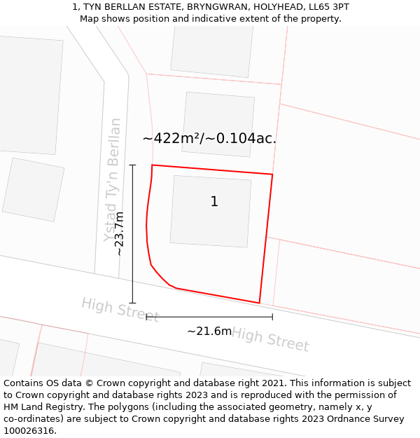 1, TYN BERLLAN ESTATE, BRYNGWRAN, HOLYHEAD, LL65 3PT: Plot and title map