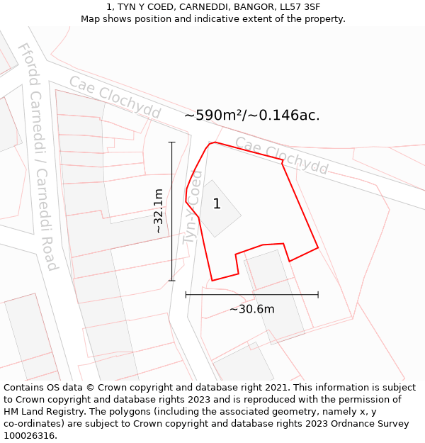 1, TYN Y COED, CARNEDDI, BANGOR, LL57 3SF: Plot and title map